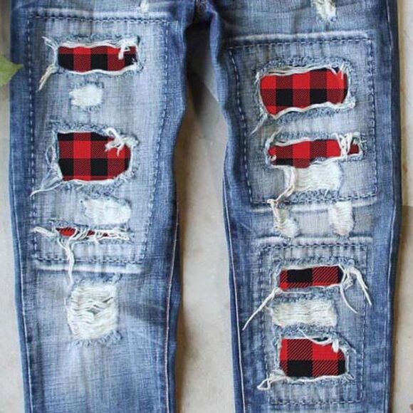 NEW! Popular Broken Ripped Patched Buffalo Plaid Distressed Blue Jeans Denim - Picture 5 of 5